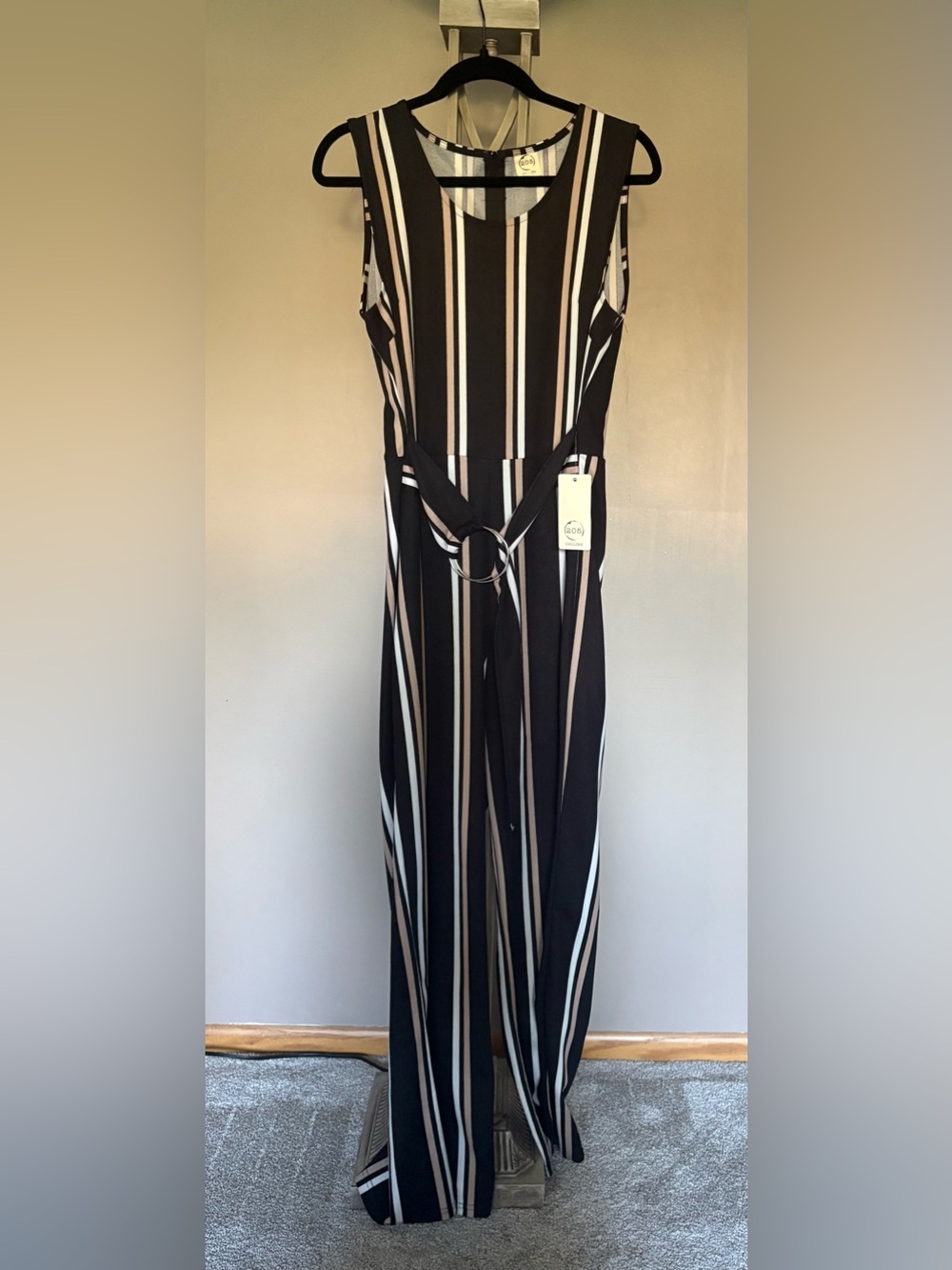 205 Collins Vertical Striped Black & Taupe Wide-Leg Jumpsuit with Ring Belt